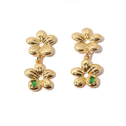 Zirconia Flower Chain Earrings in gold and silver, featuring delicate flower accents on a dual-chain design