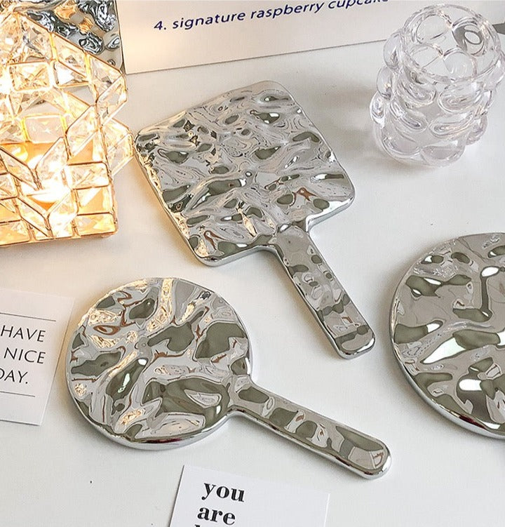 Handheld Portable Mirror with Metal Wavy Design