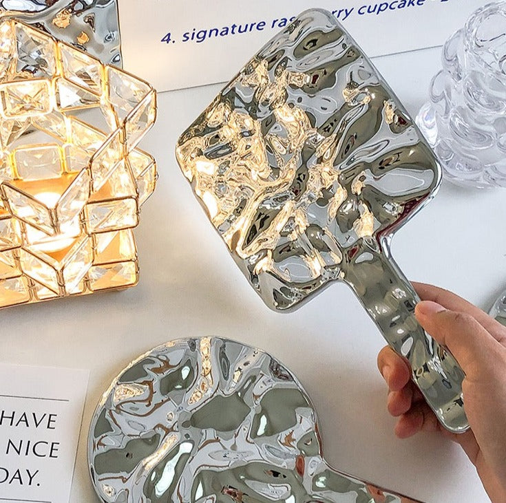 Handheld Portable Mirror with Metal Wavy Design