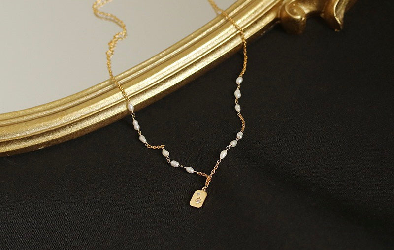 Brass Gold-Plated Necklace with Natural Pearls and Micro-Set Cubic Zirconia