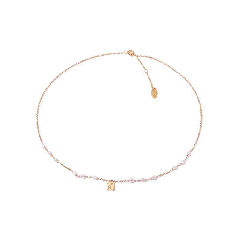 Brass Gold-Plated Necklace with Natural Pearls and Micro-Set Cubic Zirconia
