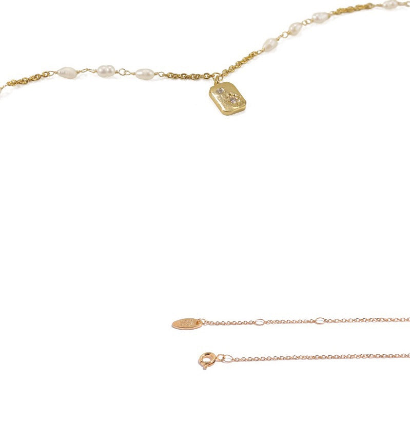 Brass Gold-Plated Necklace with Natural Pearls and Micro-Set Cubic Zirconia