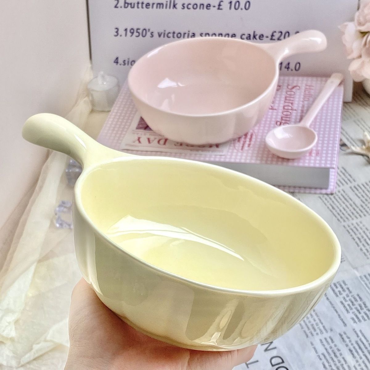 Creamy Color Ceramic Bowl with Handle