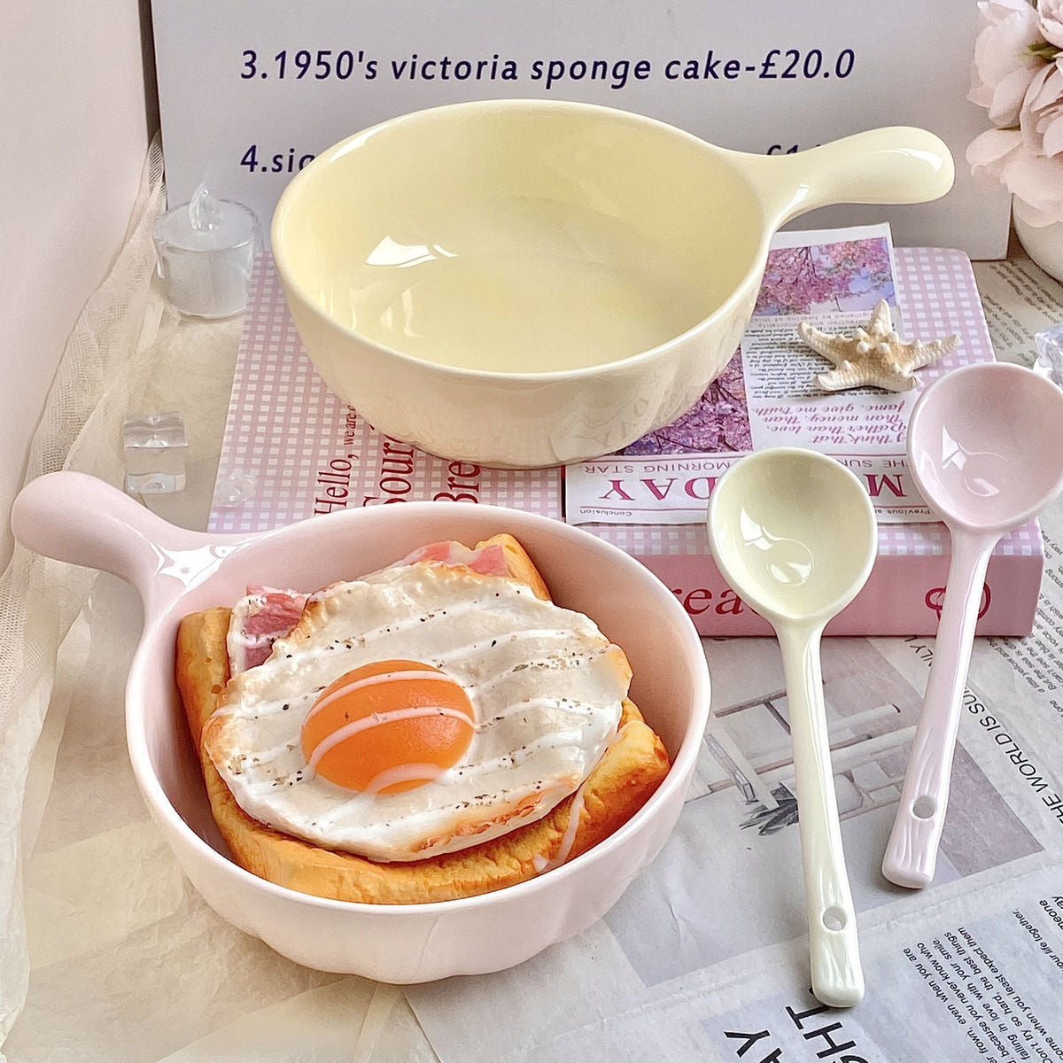 Creamy Color Ceramic Bowl with Handle