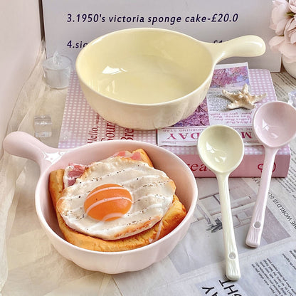 Creamy Color Ceramic Bowl with Handle
