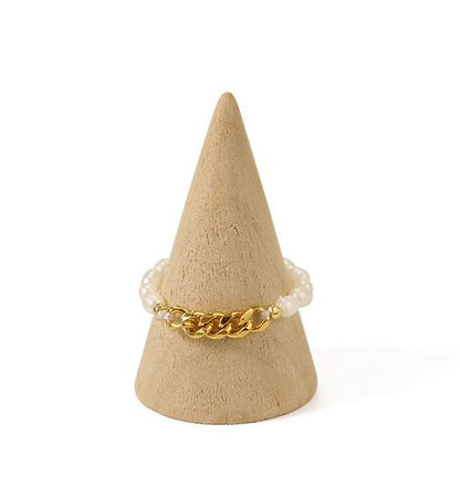 Gold Plated Brass Natural Pearl Chain Ring with Golden Braid