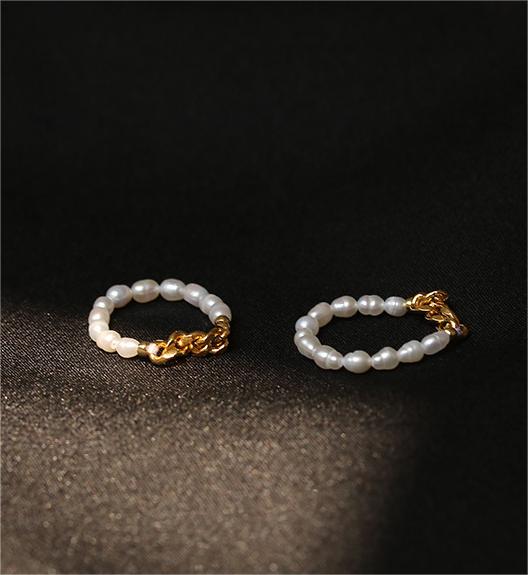 Gold Plated Brass Natural Pearl Chain Ring with Golden Braid