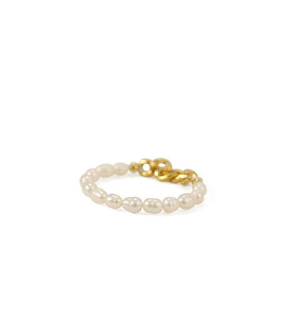 Gold Plated Brass Natural Pearl Chain Ring with Golden Braid