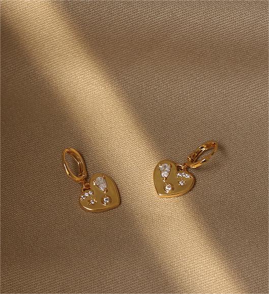 Gold Plated Brass Earrings with Hearty Shape and Zircon Inlay