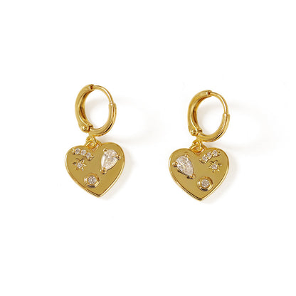 Gold Plated Brass Earrings with Hearty Shape and Zircon Inlay