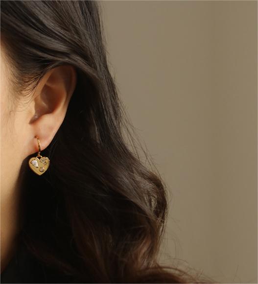 Gold Plated Brass Earrings with Hearty Shape and Zircon Inlay