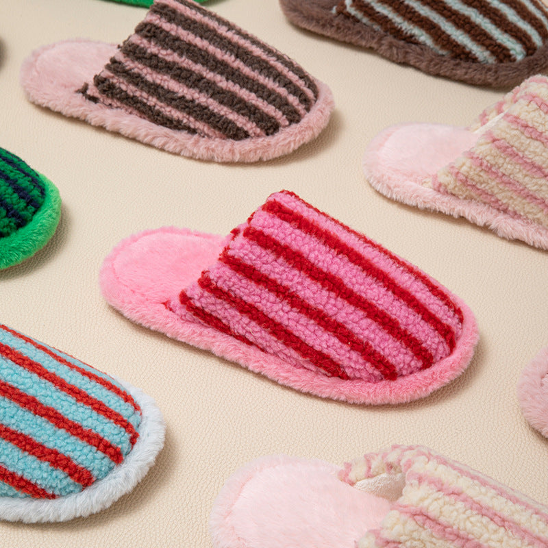 Women Soft Fleece Striped Plush Indoor Slippers