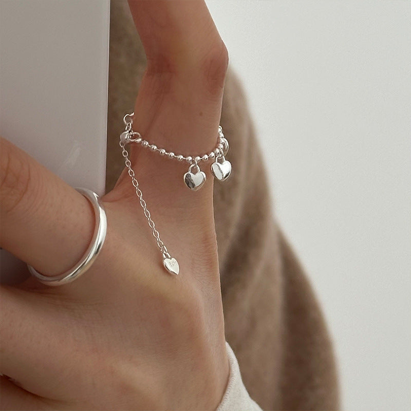 Sterling Silver Adjustable Beaded Chain Ring with Hearty Charms