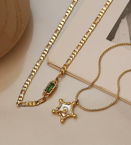 Brass Plated with 18k Gold Necklace with Rectangular Green Zircon and Braid Chain