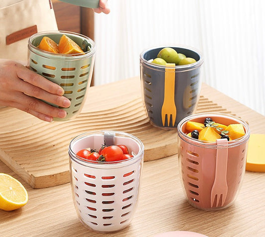 Double-Layer Portable Fruit Cup with Built-in Fork - 600ml