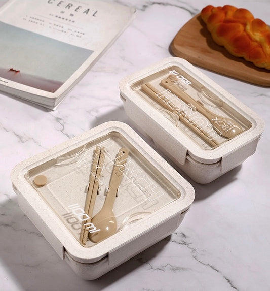 Wheat Straw Eco-friendly Bento Box with Detachable Divider and Utensils