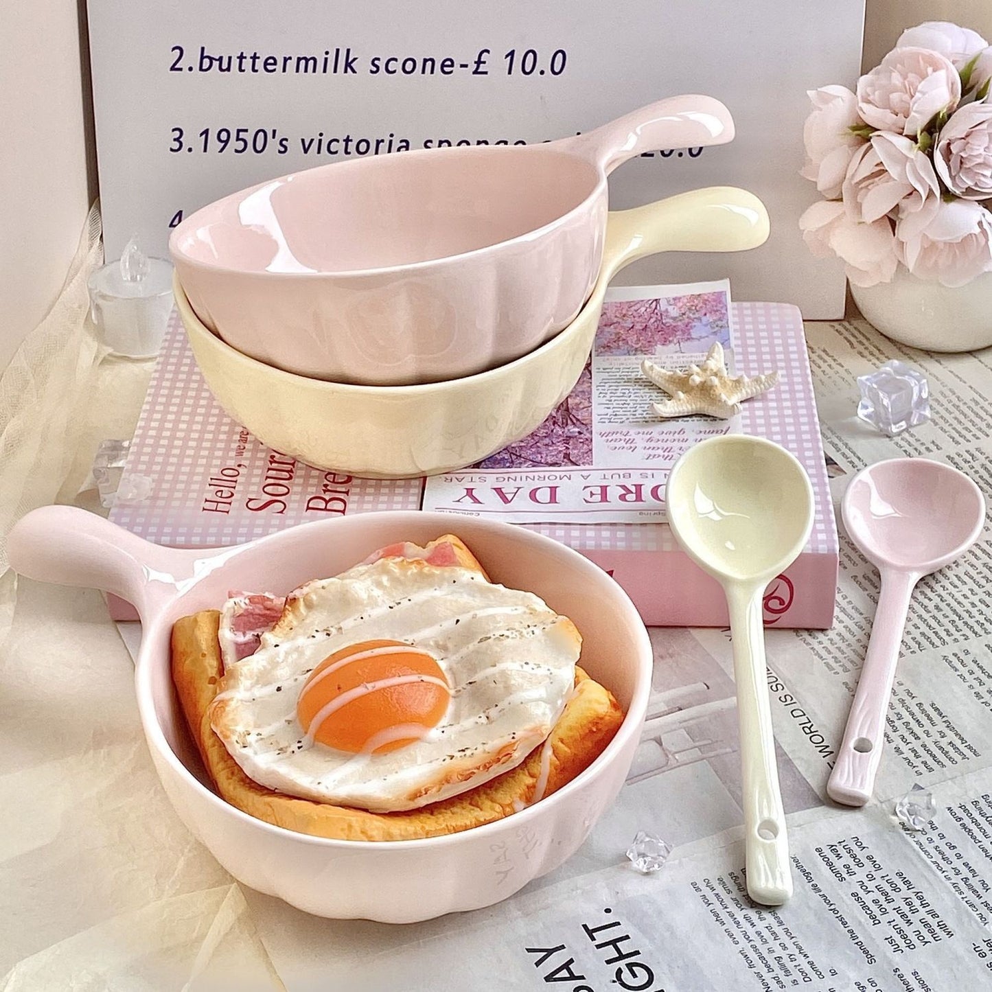 Creamy Color Ceramic Bowl with Handle