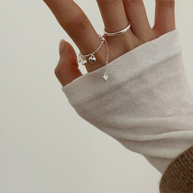 Sterling Silver Adjustable Beaded Chain Ring with Hearty Charms
