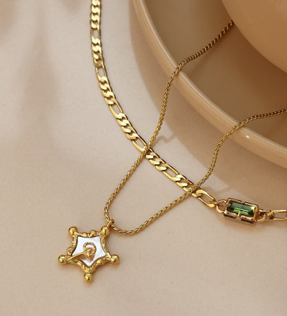 Brass Plated with 18k Gold Necklace with Rectangular Green Zircon and Braid Chain