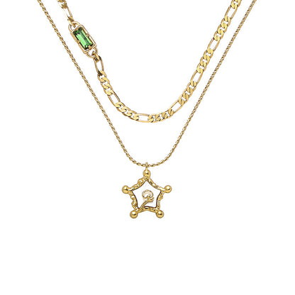 Brass Plated with 18k Gold Necklace with Rectangular Green Zircon and Braid Chain