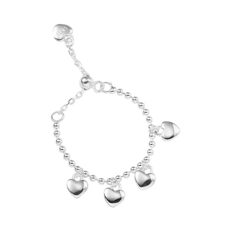 Sterling Silver Adjustable Beaded Chain Ring with Hearty Charms