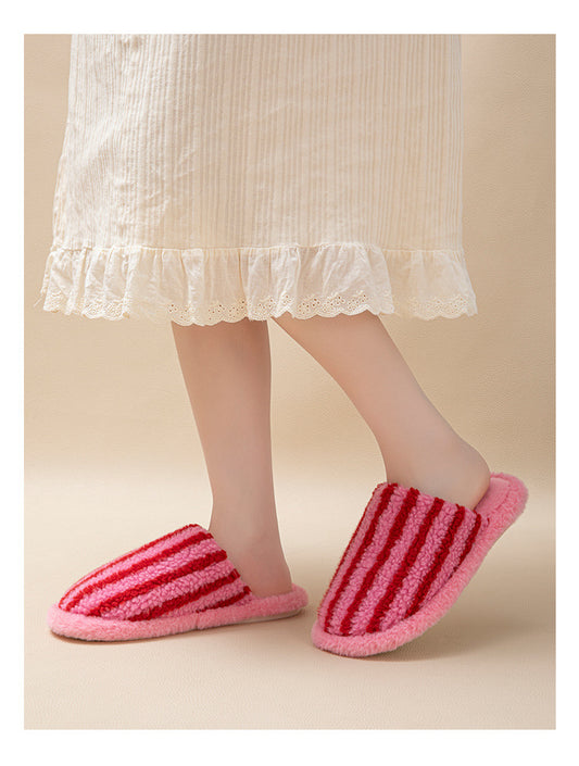 Women Soft Fleece Striped Plush Indoor Slippers