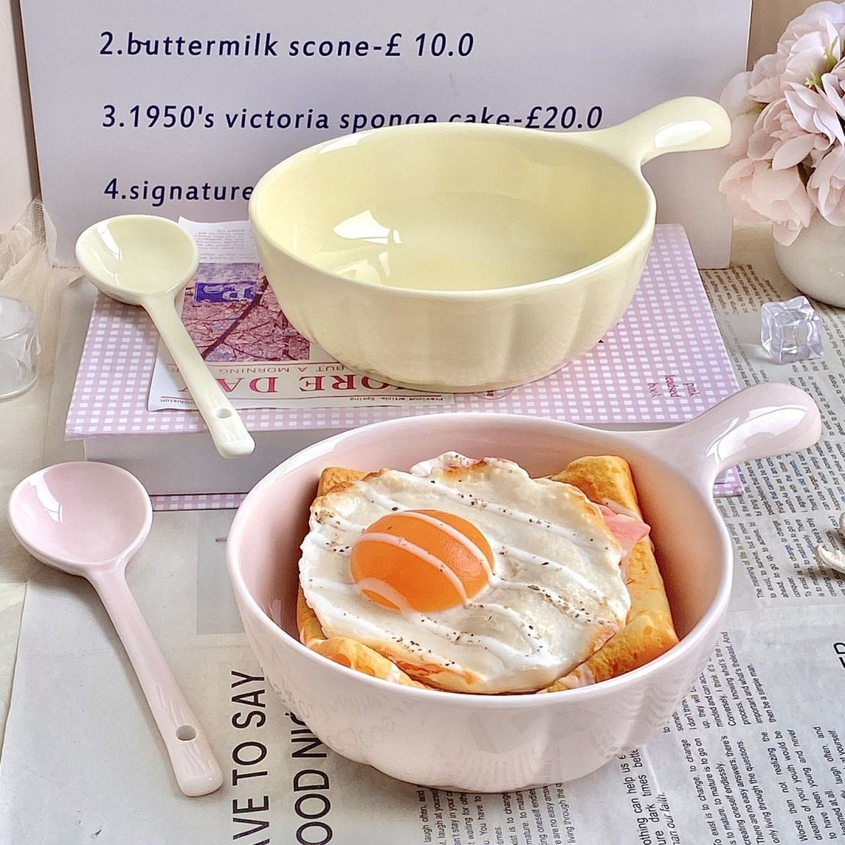 Creamy Color Ceramic Bowl with Handle
