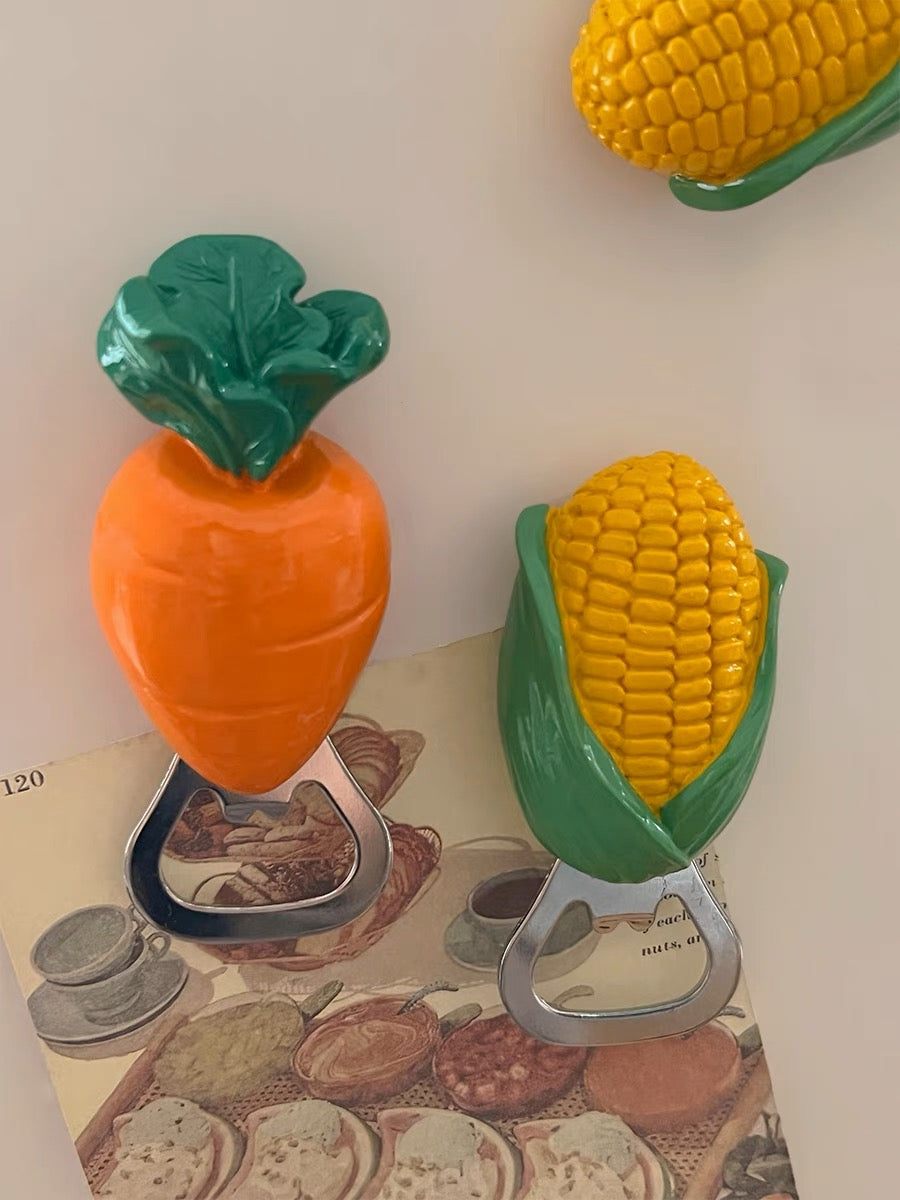 Cartoon Carrot and Corn Bottle Opener Fridge Magnet