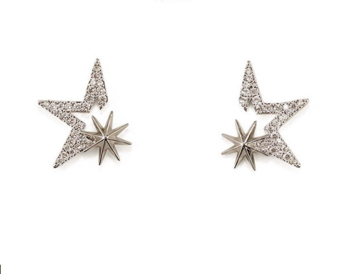 Gold-Plated Starry Zirconia Stud Earrings with star-shaped settings and 925 silver ear pins, weighing 1.6g each, measuring 1.8cm by 2.1cm.