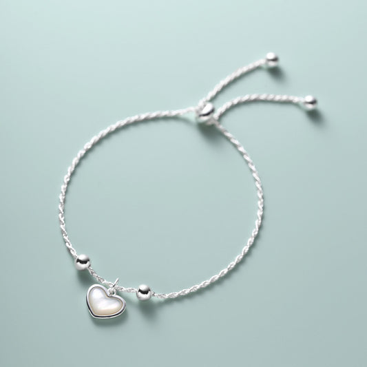 Sterling Silver Adjustable Mother-of-pearl Heart Braid Dainty Bracelet