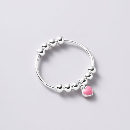 Sterling Silver Beaded Ring with Enamel Heart Charm