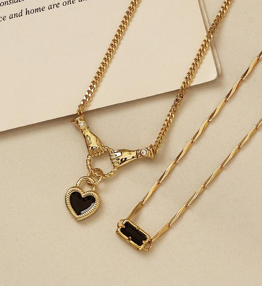 Gold Plated Brass Necklace with Black Enamel Heart Zircon Pendant