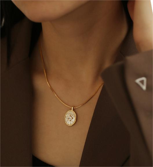 Natural Mother-of-pearl Pendant Necklace with Zircon Inlay and Gold Plated Brass