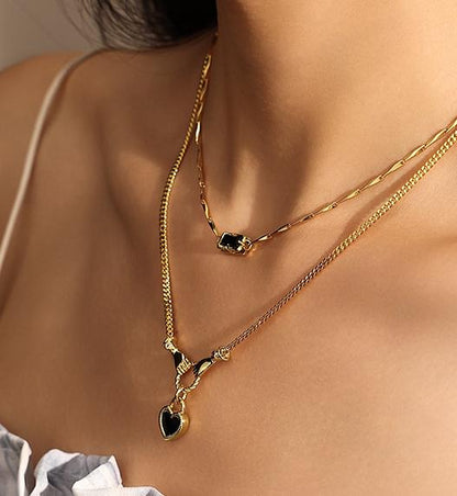 Gold Plated Brass Necklace with Black Enamel Heart Zircon Pendant