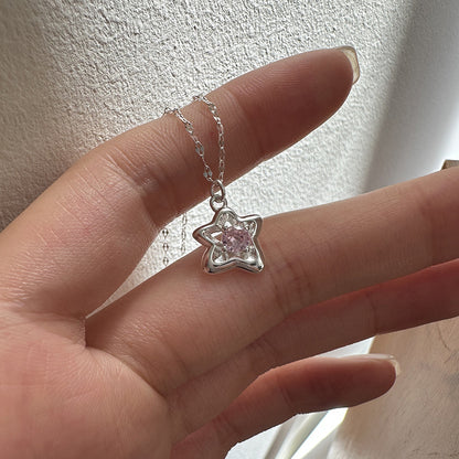 S925 Silver Star Shaped Collarbone Necklace with Pink Cubic Zirconia