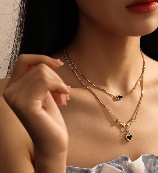 Gold Plated Brass Necklace with Black Enamel Heart Zircon Pendant