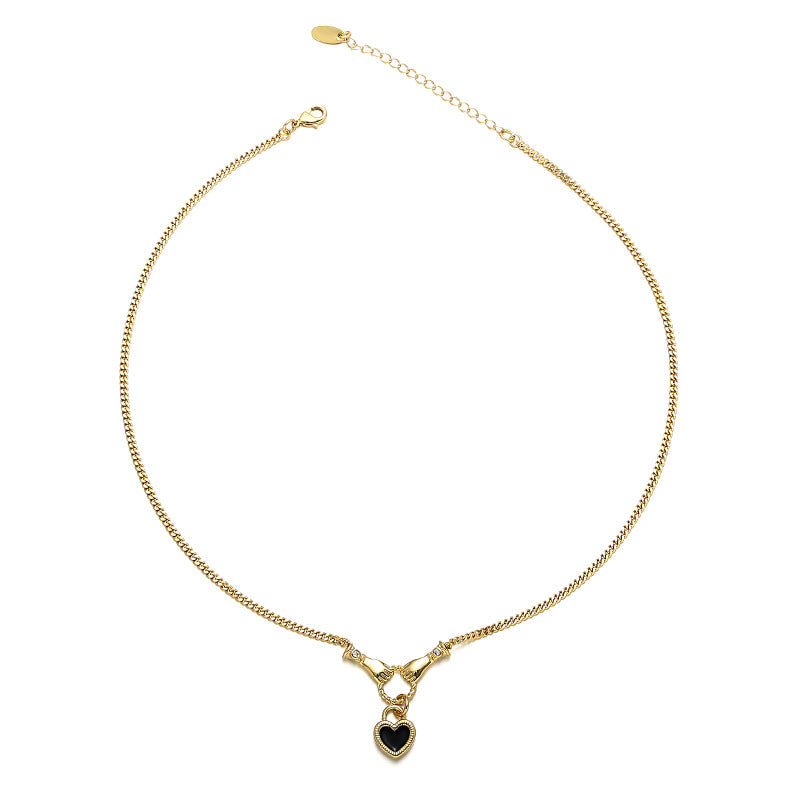 Gold Plated Brass Necklace with Black Enamel Heart Zircon Pendant