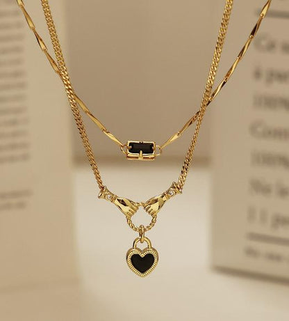 Gold Plated Brass Necklace with Black Enamel Heart Zircon Pendant