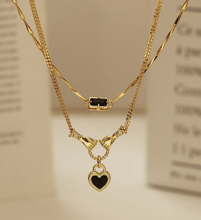 Brass Plated with 18k Gold Necklace with Rectangular Black Zircon