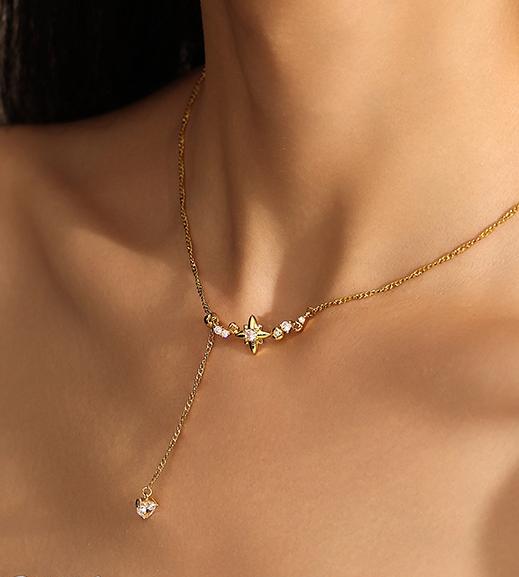 Gold Plated Brass Tassel Star Necklace with Zircon