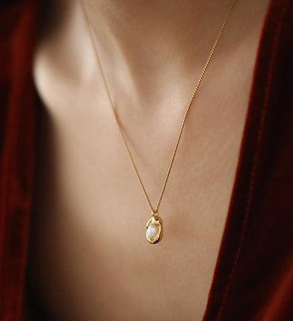 Gold Plated Brass with Natural Pearl Inlaid Pendant Necklace