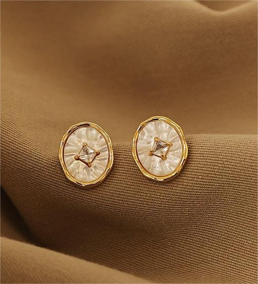 Natural Mother-of-pearl Stud Earrings with Zircon Inlay and Gold Plated Brass