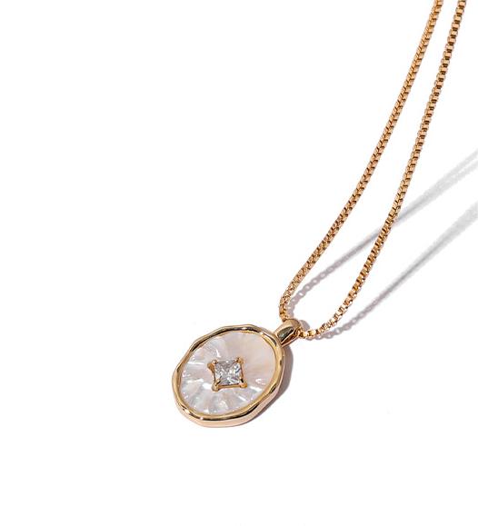 Natural Mother-of-pearl Pendant Necklace with Zircon Inlay and Gold Plated Brass