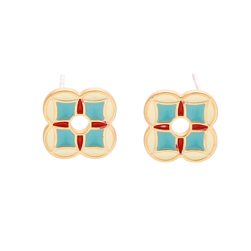 Brass Enamel Stud Earrings with Sterling Silver Pin