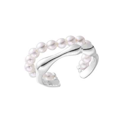 Sterling Silver Double Layer Pearl and Bone Chain Open Ring