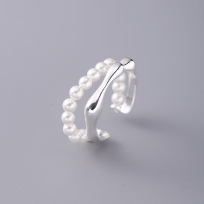 Sterling Silver Double Layer Pearl and Bone Chain Open Ring