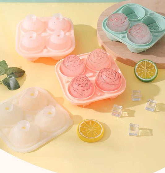 Rose-shaped ice cube mold made of silicone with four compartments, including a funnel for easy water filling