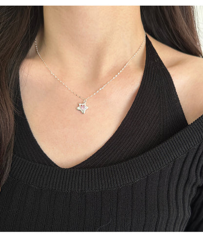 S925 Silver Star Shaped Collarbone Necklace with Pink Cubic Zirconia
