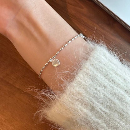 Silver Rice Grain Chain Bracelet with Heart Moonstone Pendant