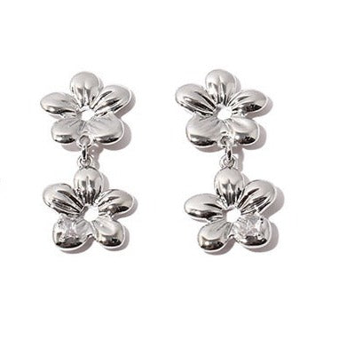 Zirconia Flower Chain Earrings in gold and silver, featuring delicate flower accents on a dual-chain design